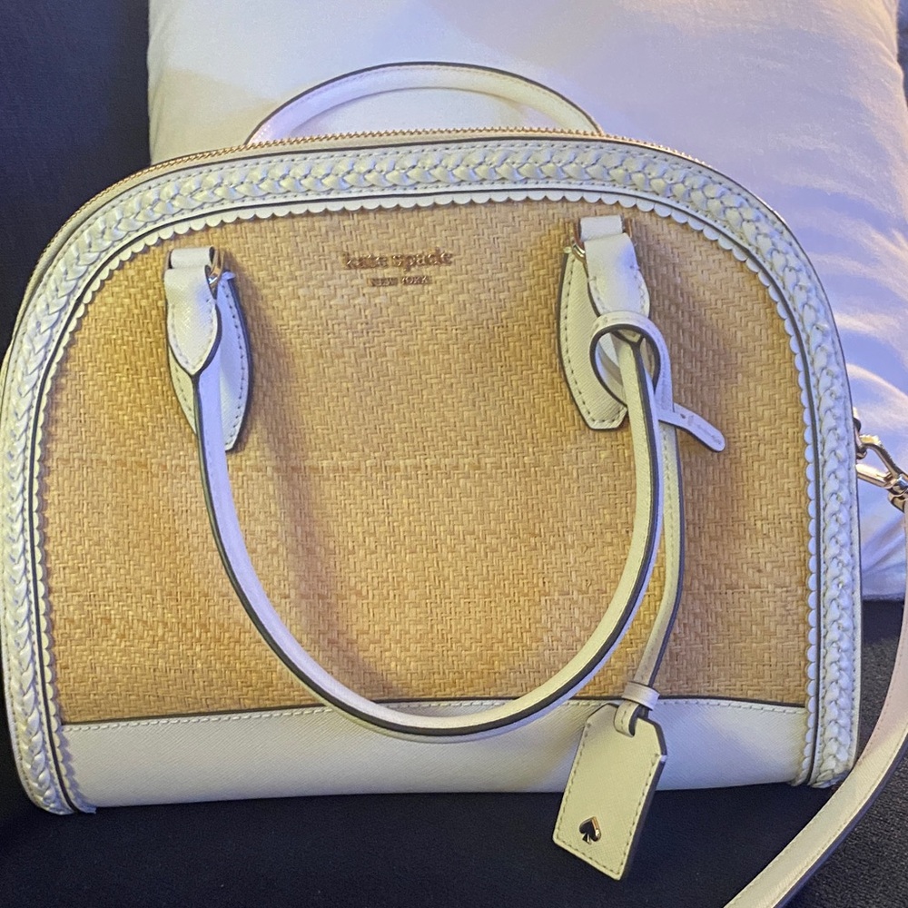Kate Spade Woven Tan and Cream Satchel With Crossbody Strap